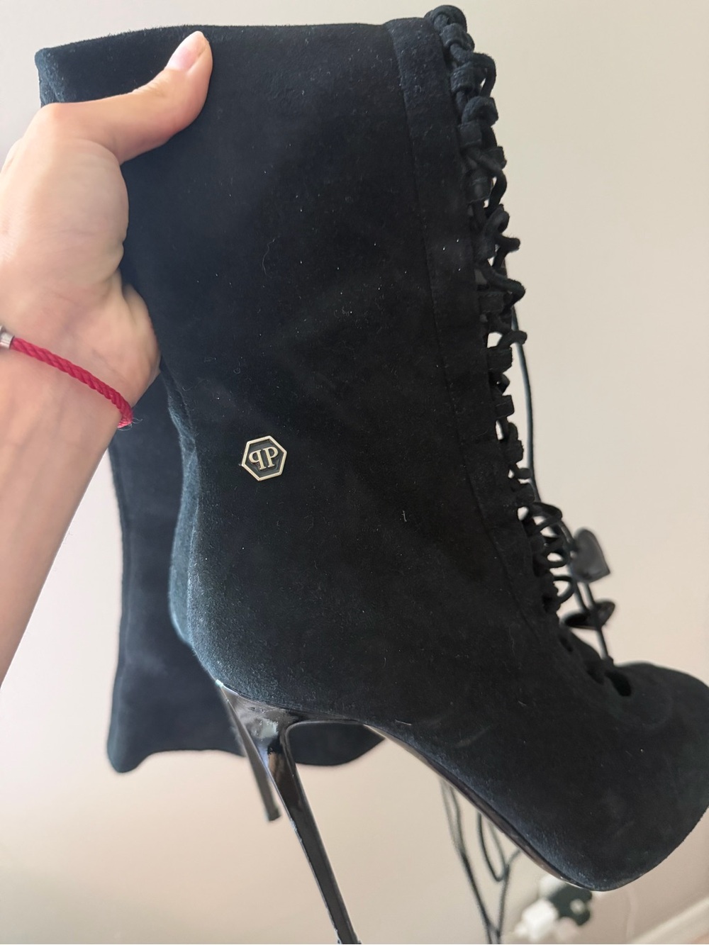 Philipp Plein Black Suede Lace-Up Stiletto Ankle Boots
